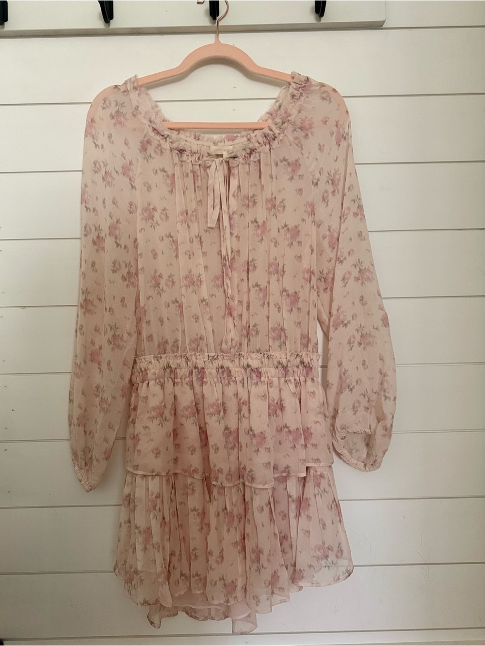 LoveShackFancy Floral Popover Mini Dress 100% Silk Pink Coquette Cottagecore L